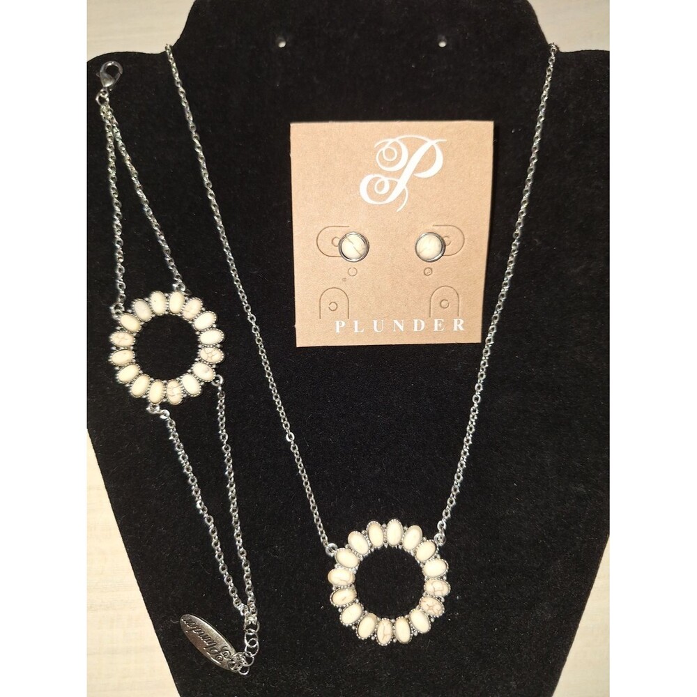 Plunder Beaded Jewelry Set Marbled Cream Stone Silver Plated